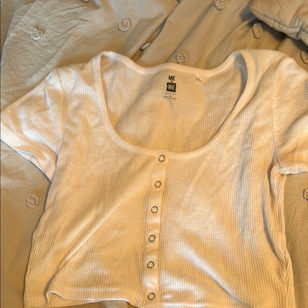 Me to We White Ribbed Button-Up Top
